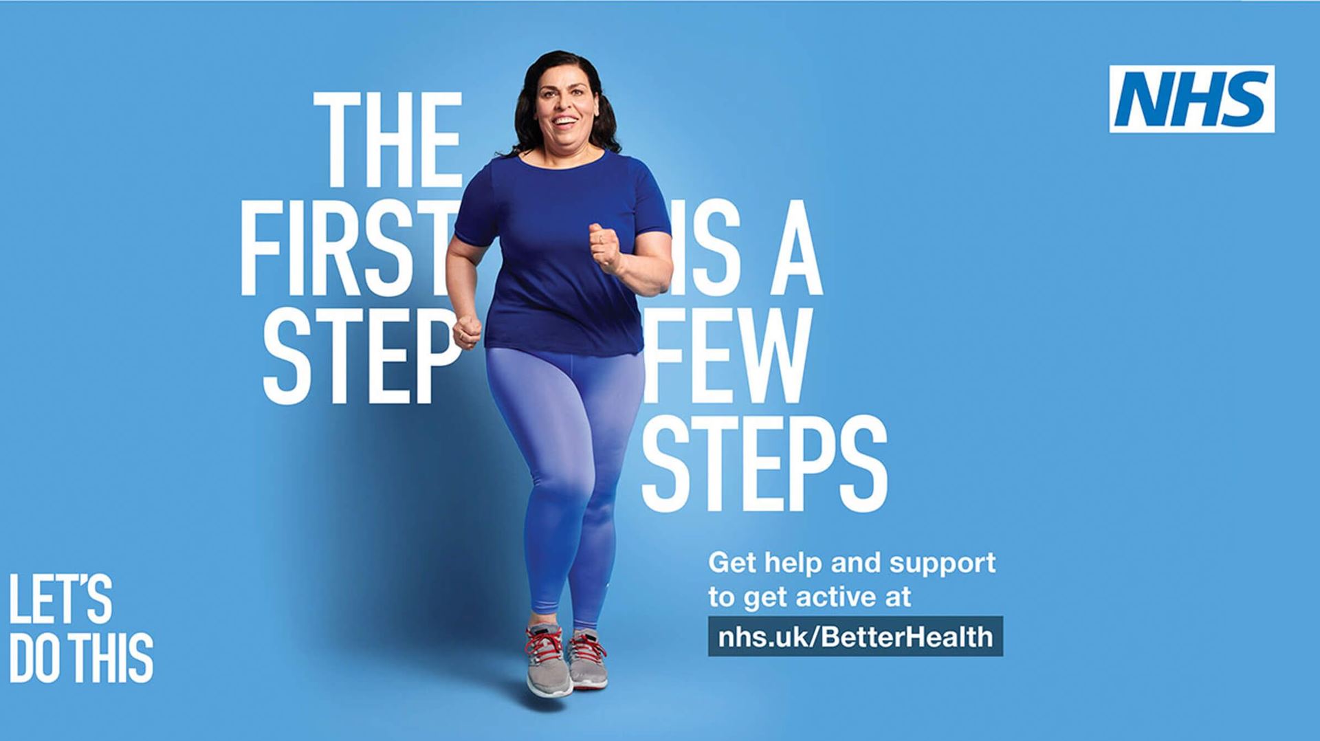 The NHS logo, a woman running in place and the words the first step is a few steps